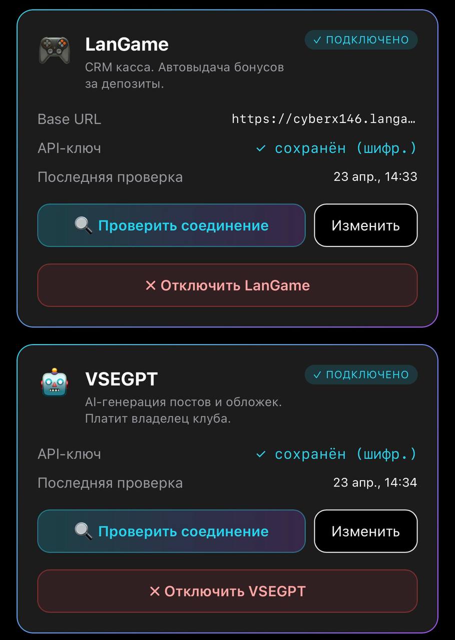 Вкладка интеграций клуба